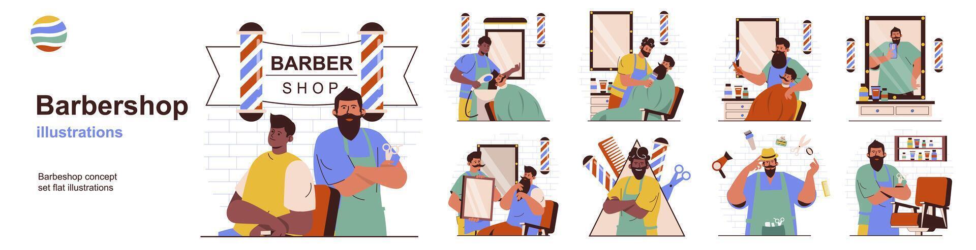 Barbershop concept with character situations collection. Bundle of scenes people get hair, mustache and beard care, make stylish haircuts and hairdressing. Vector illustrations in flat web design