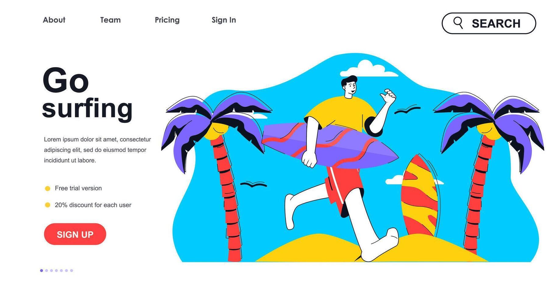 Vamos surf concepto para aterrizaje página modelo. hombre con tabla de surf corriendo dentro océano. activo agua Deportes, extremo pasatiempo personas escena. vector ilustración con plano personaje diseño para web bandera