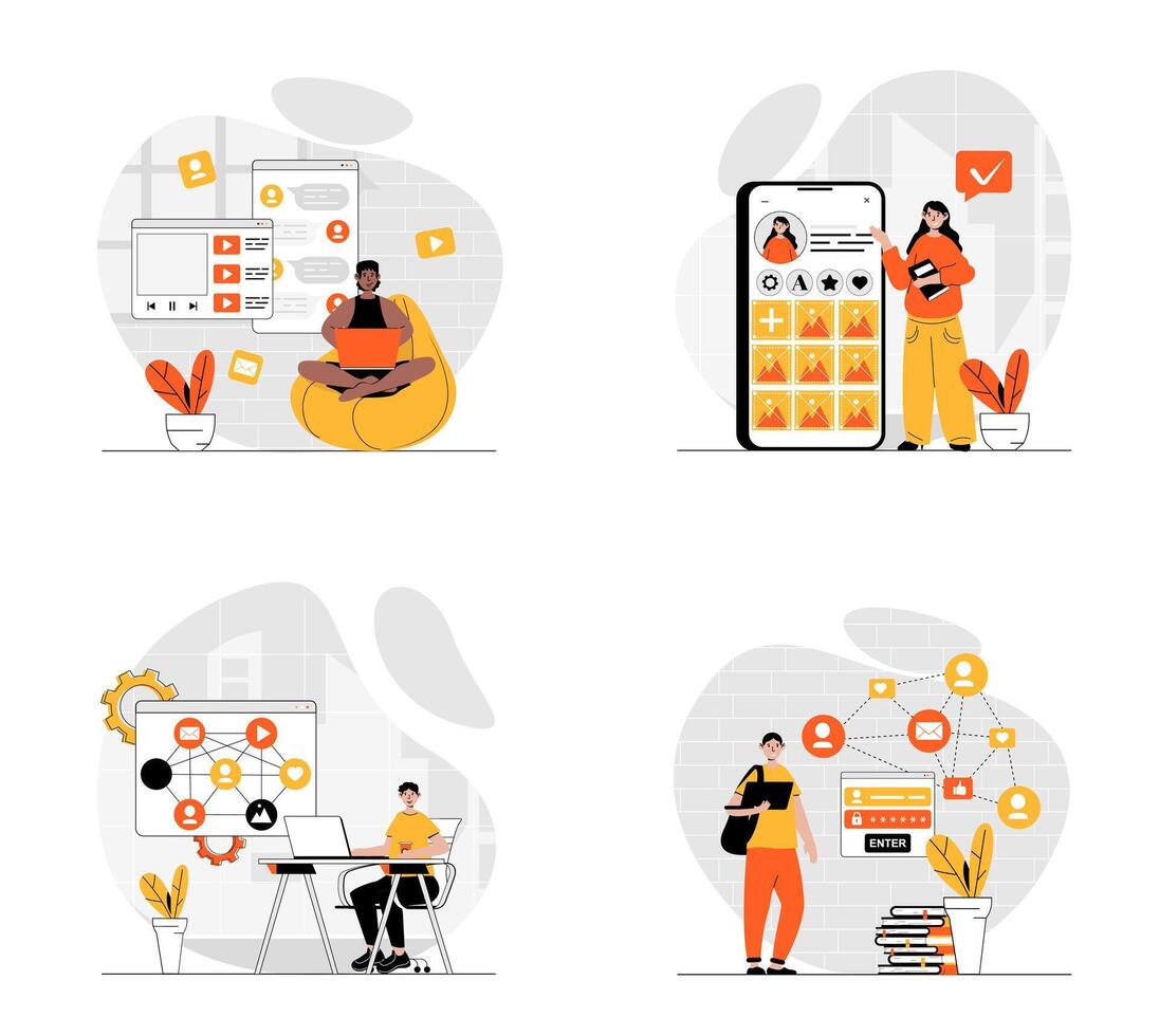 Social network concept with character set. Collection of scenes people making blogging and online communication, connecting with friends, share links and posts. Vector illustrations in flat web design