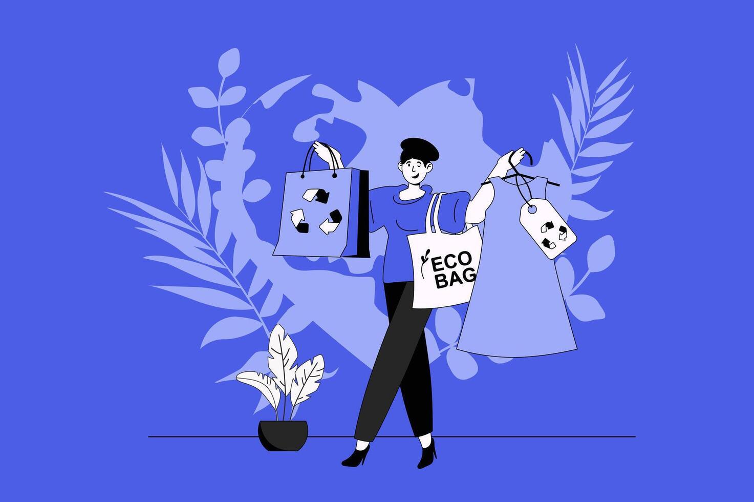 Sustainable shopping web concept with character scene in flat design. People choosing eco friendly shop, buying clothes with recycling textile. Vector illustration for social media marketing material.