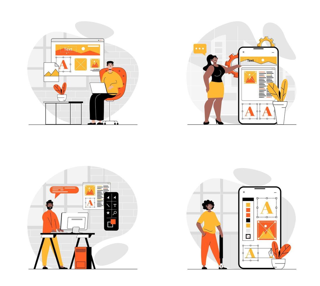App development concept with character set. Collection of scenes people programming mobile software, interface layouts for application, making digital projects. Vector illustrations in flat web design