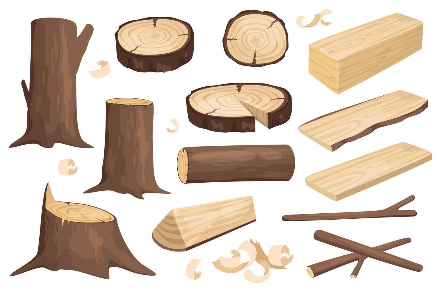 Wood logs set graphic elements in flat design. Bundle of different type of tree trunks, stumps, woodwork planks, round cuts with rings patterns, twigs and chips. Vector illustration isolated objects