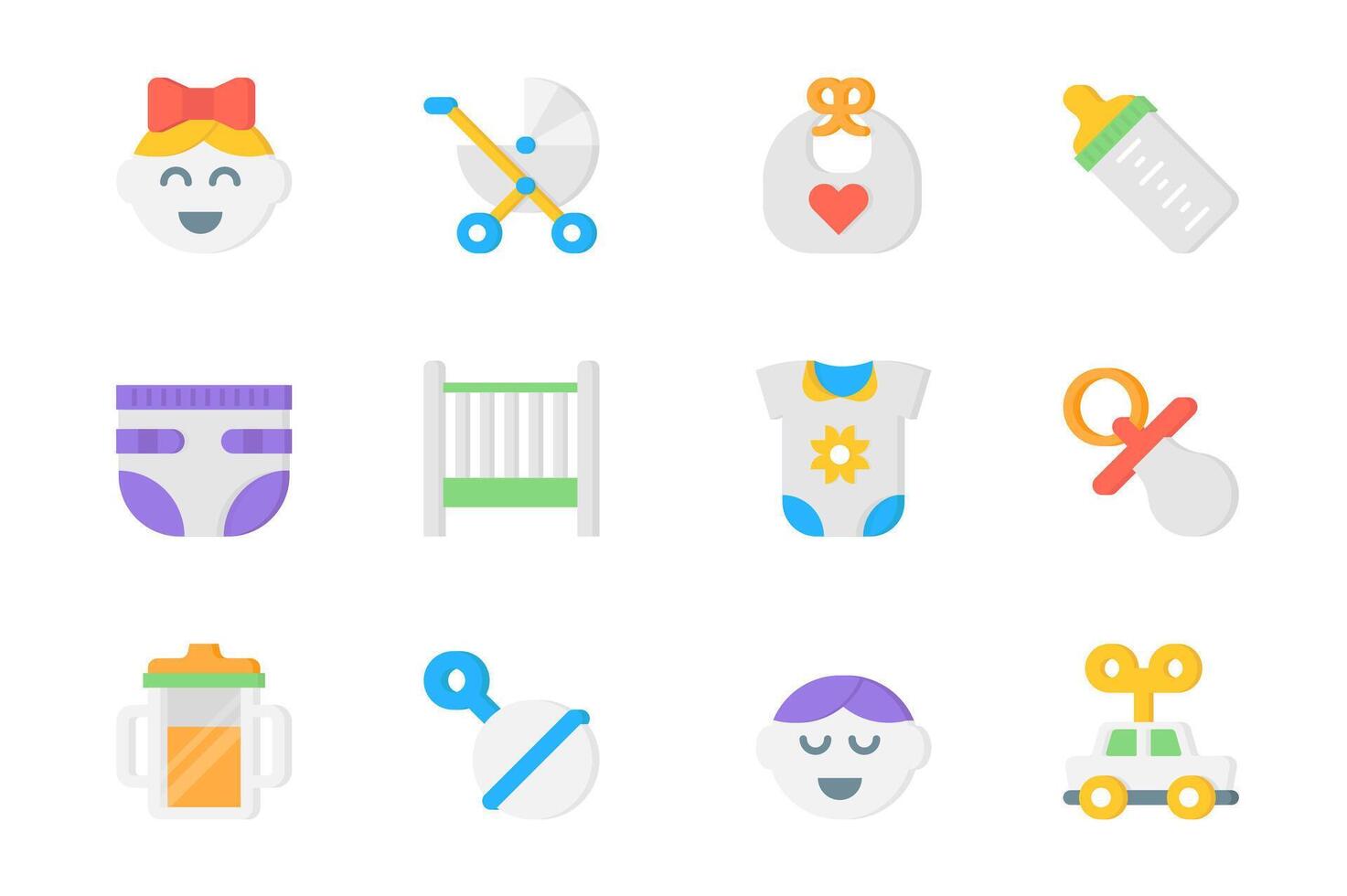 Baby items 3d icons set. Pack flat pictograms of wash in girl, stroller, bib, milk bottle, diaper, crib, bodysuit, pacifier, rattle, boy, toy and other. Vector elements for mobile app and web design