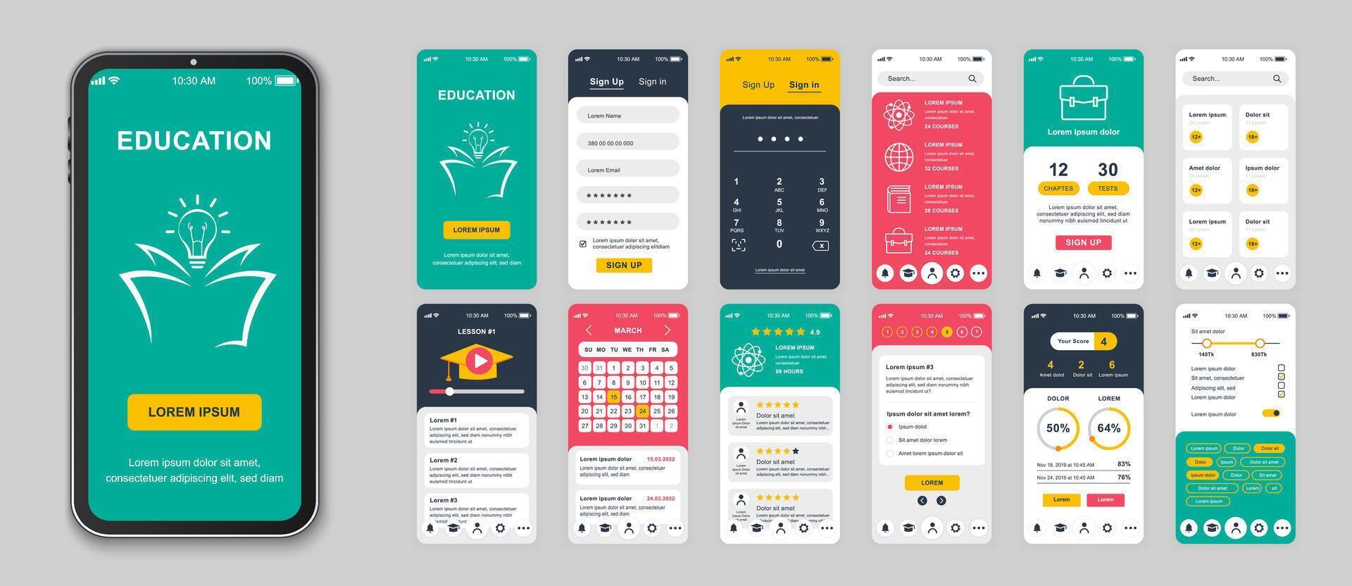 Education mobile app screens set for web templates. Pack of login, different lessons, progress statistics, calendar, schedule, other mockups. UI, UX, GUI user interface kit for layouts. Vector design