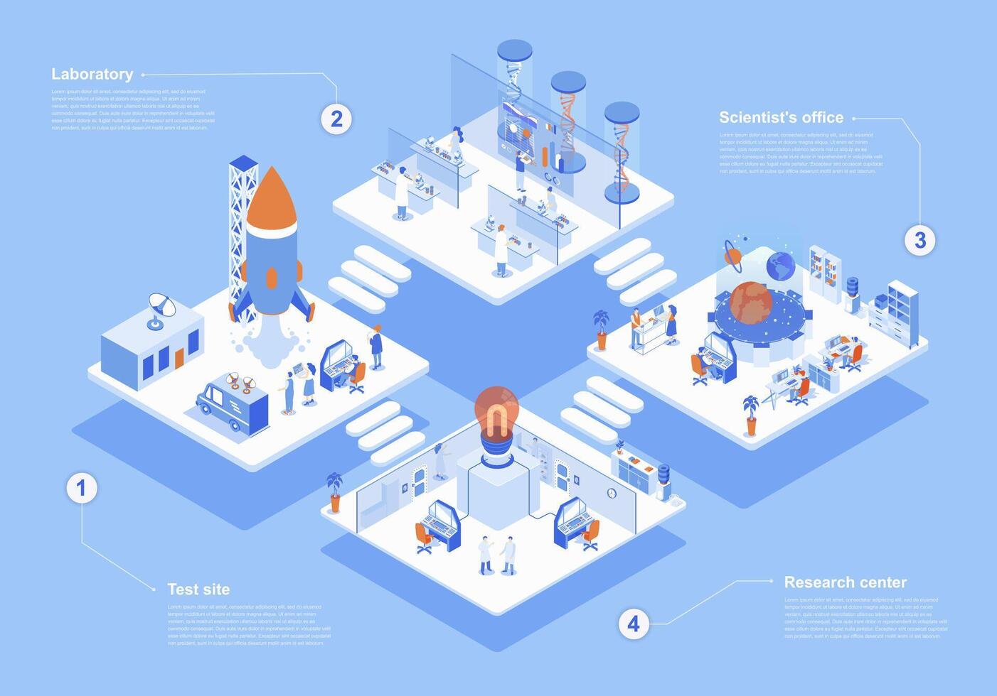 Science center concept 3d isometric web scene with infographic. People making researches and tests, scientists staff working in office and laboratory. Vector illustration in isometry graphic design