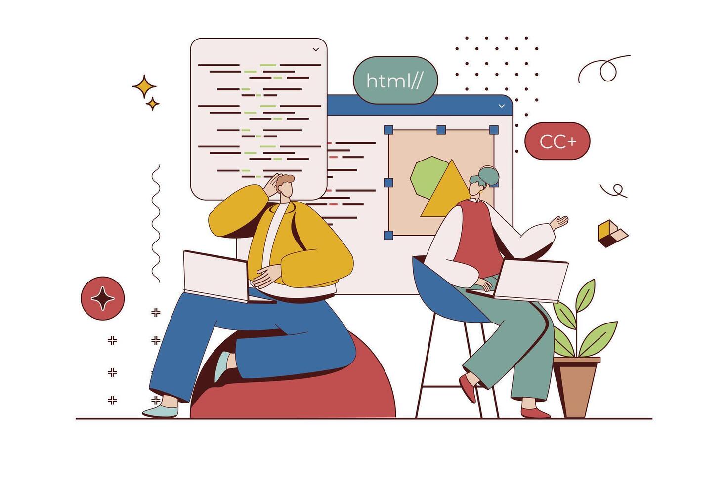 Developers team concept with character situation in flat design. Man and woman discussing project, working with abstract code, programming software. Vector illustration with people scene for web