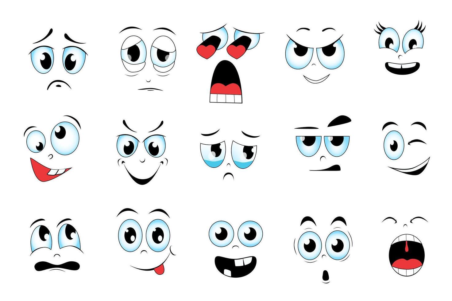 caras expresando diferente emociones conjunto gráfico elementos en plano diseño. haz de triste, cansado, amar, loco, llanto, parpadeo, juguetón, enojado y otro cómic caras. vector ilustración aislado objetos