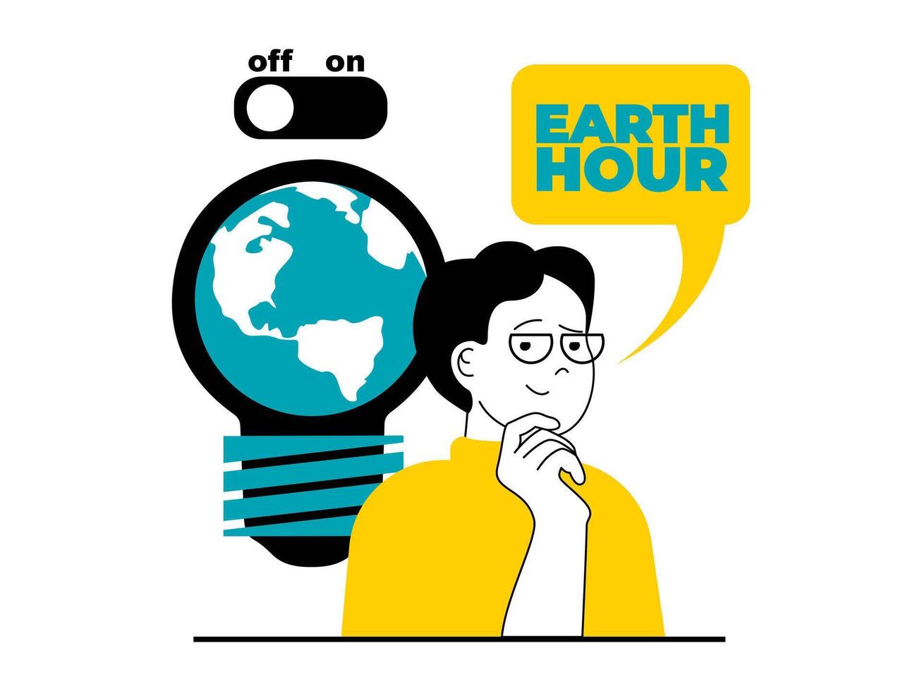 Save Earth concept with character situation. Man joins to campaigning for climate change awareness and turn off electricity for time. Vector illustration with people scene in flat design for web