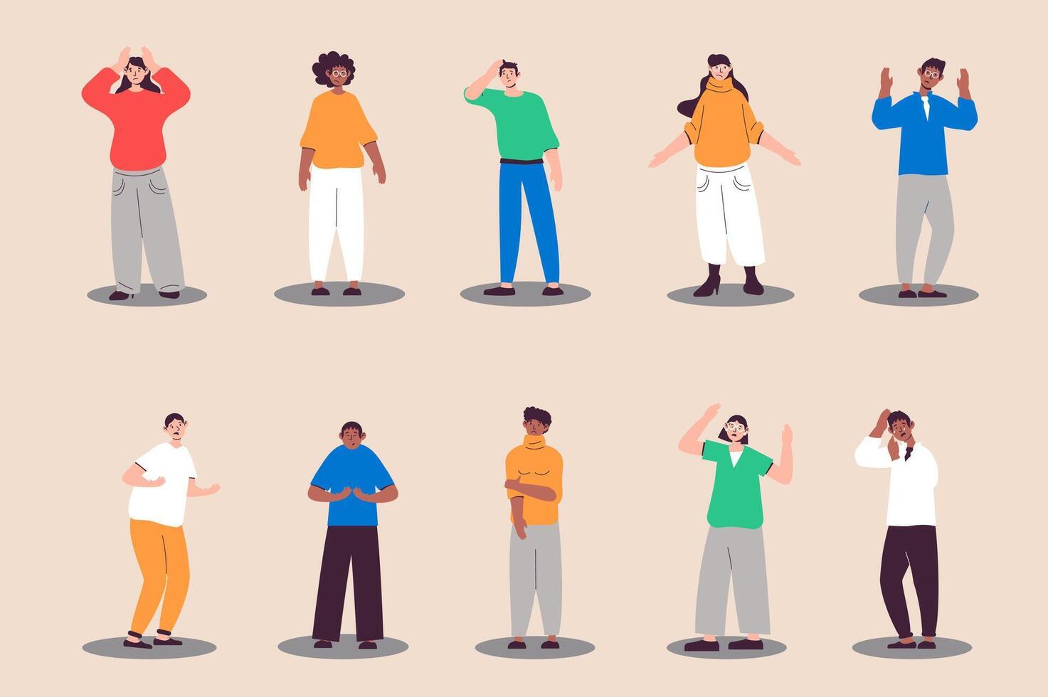 Unhappy and sad people set in flat design. Women and men express upset emotions, feeling depression and crying. Bundle of diverse multiracial characters. Vector illustration isolated persons for web