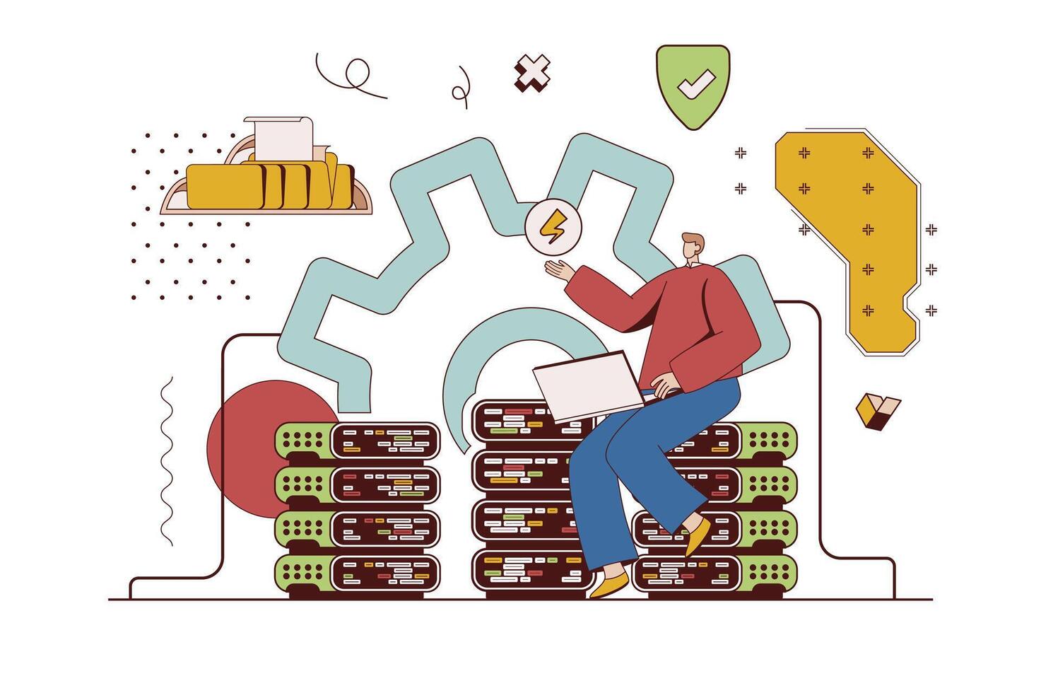 datos centrar concepto con personaje situación en plano diseño. hombre trabajos como técnico y administrador en servidor habitación, control S operación de equipo. vector ilustración con personas escena para web