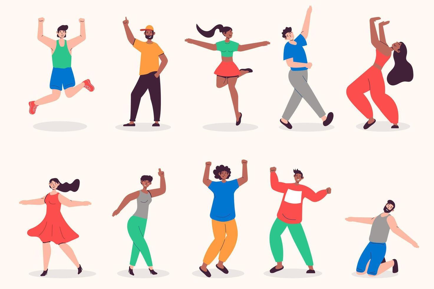 personas bailando conjunto en plano diseño. hombres y mujer danza a música a disco, bailarines a fiesta, actuación y entretenimiento. haz de diverso caracteres. vector ilustración aislado personas para web