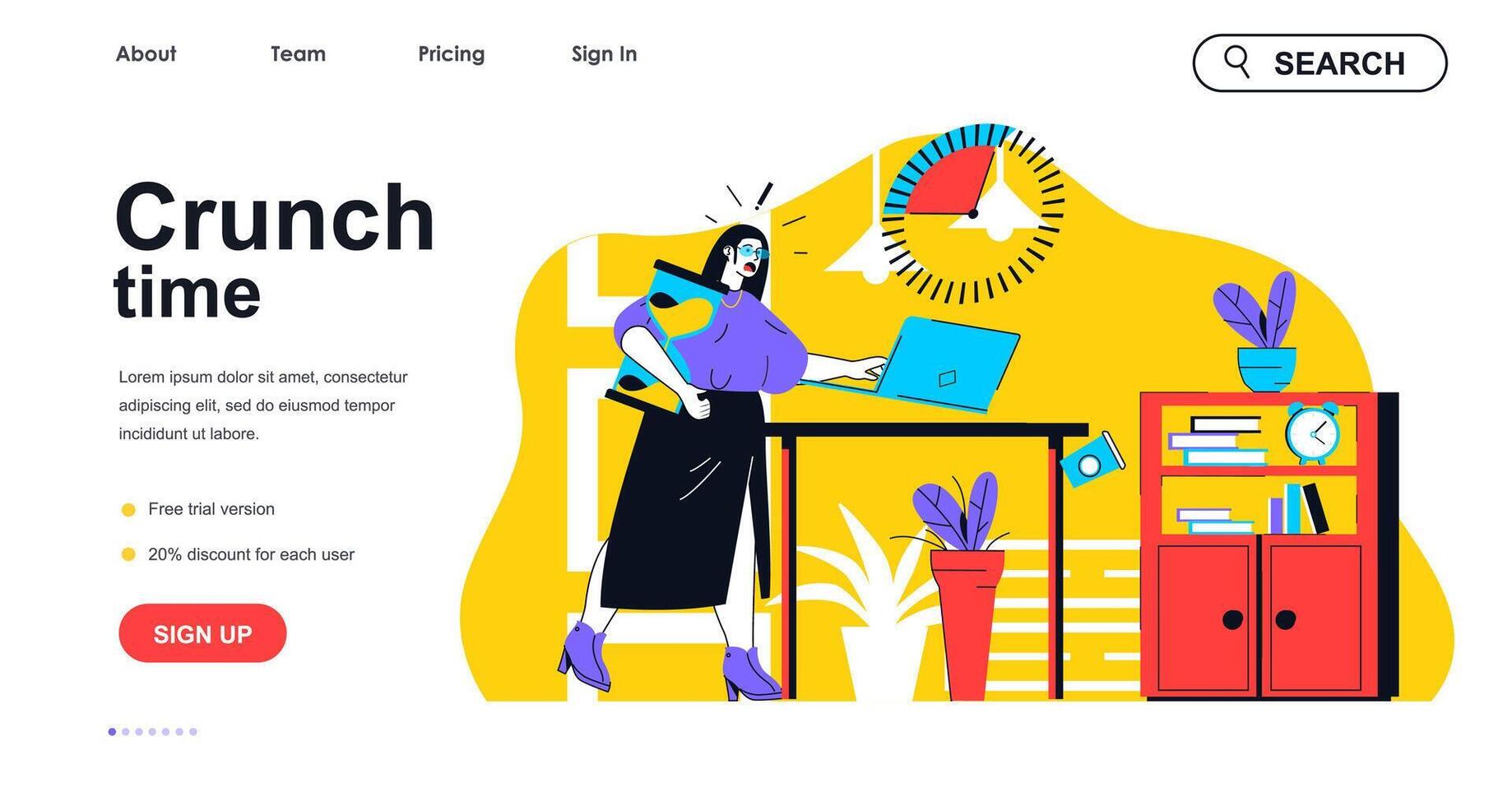 Crunch time concept for landing page template. Woman does not complete work task to deadline. Time management and job stress people scene. Vector illustration with flat character design for web banner