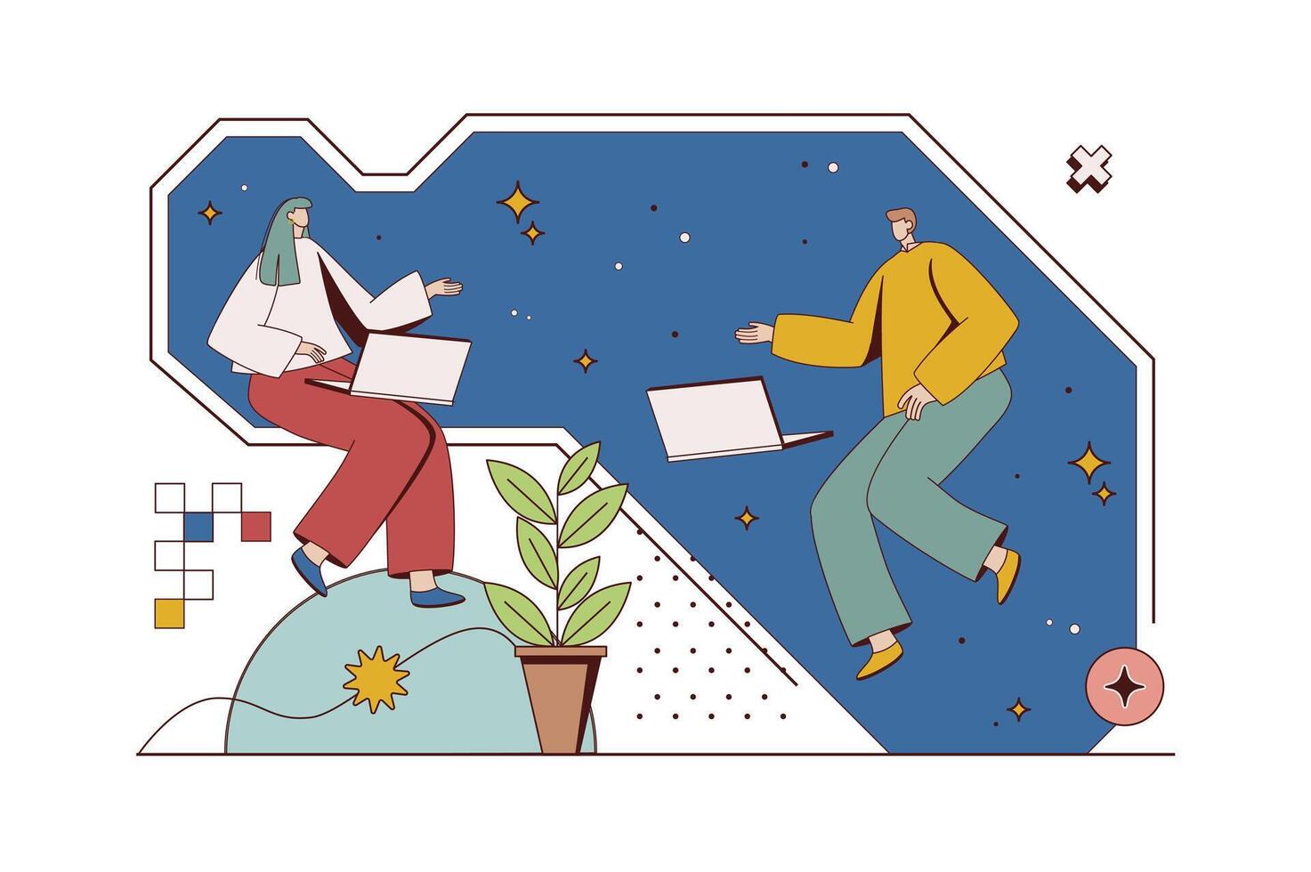 Open space concept with character situation in flat design. Woman and man working on laptops, communicate and doing project tasks in coworking office. Vector illustration with people scene for web