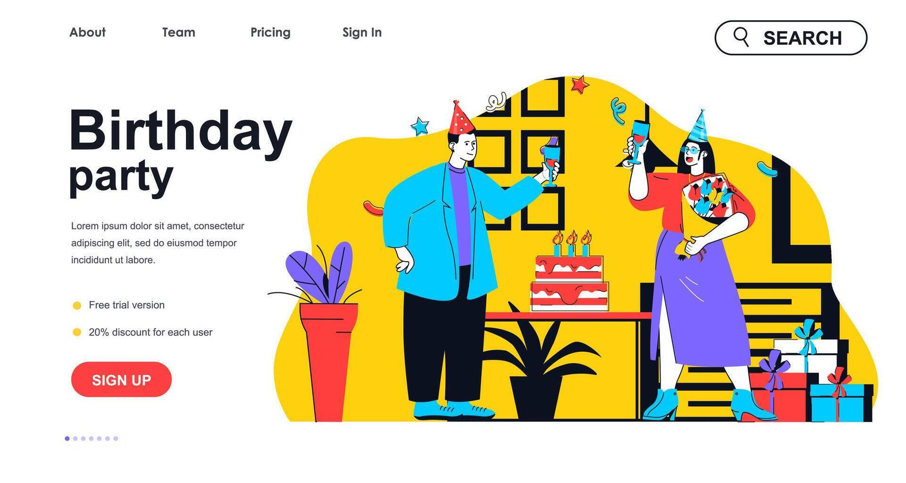 Birthday party concept for landing page template. Man and woman in holiday hats drinking champagne. Festive event with cake people scene. Vector illustration with flat character design for web banner