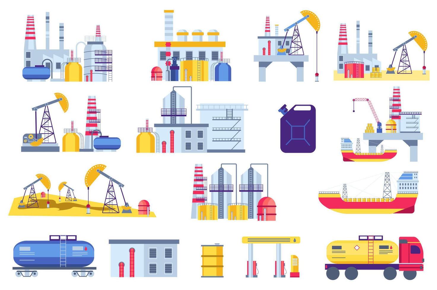 Oil production plants set graphic elements in flat design. Bundle of processing and production petrol and gas machinery, drilling industrial pumps and refinery. Vector illustration isolated objects