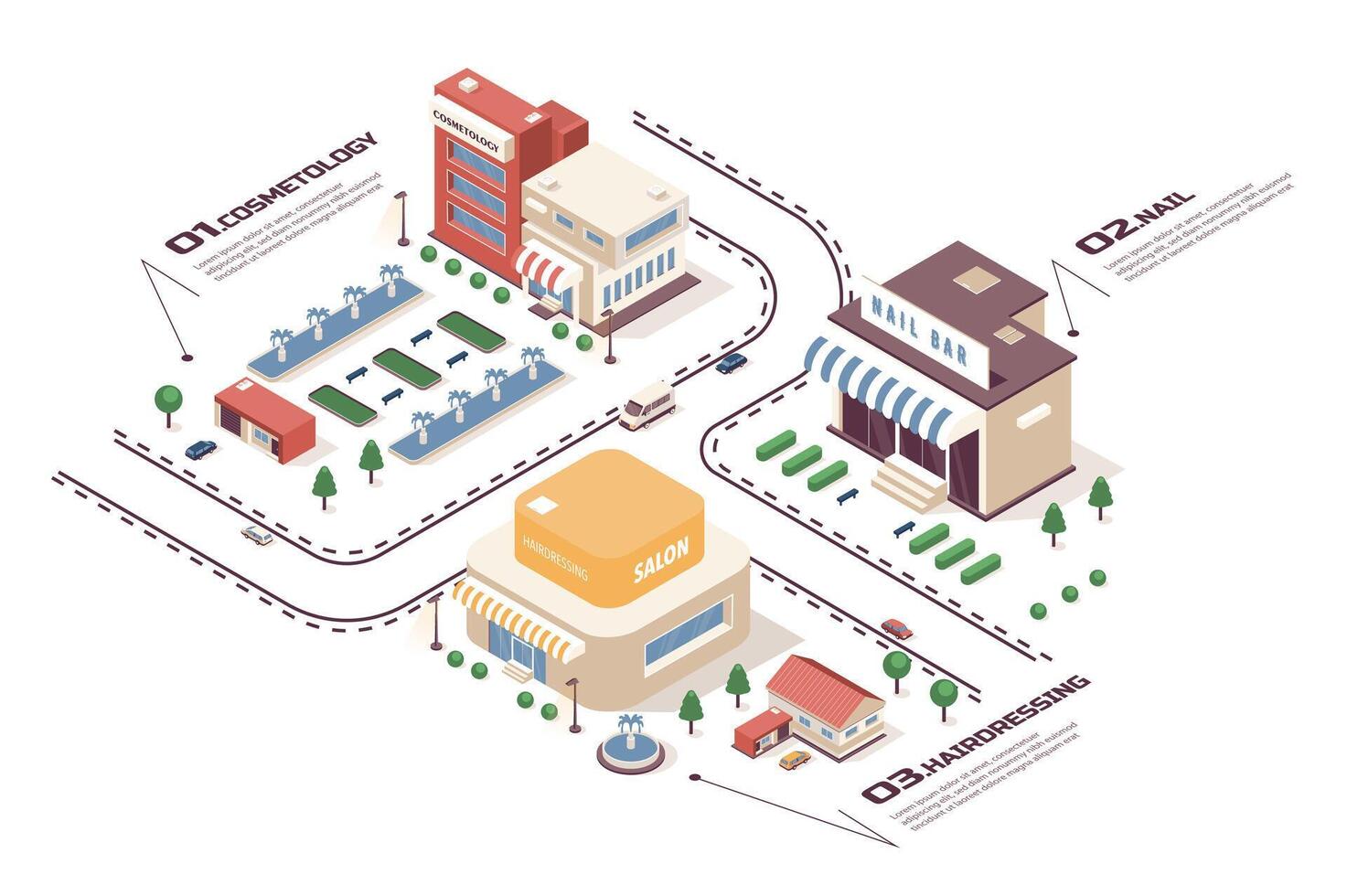 Beauty salon concept 3d isometric web infographic workflow process. Infrastructure map with buildings of cosmetology, nail, hairdressing services. Vector illustration in isometry graphic design