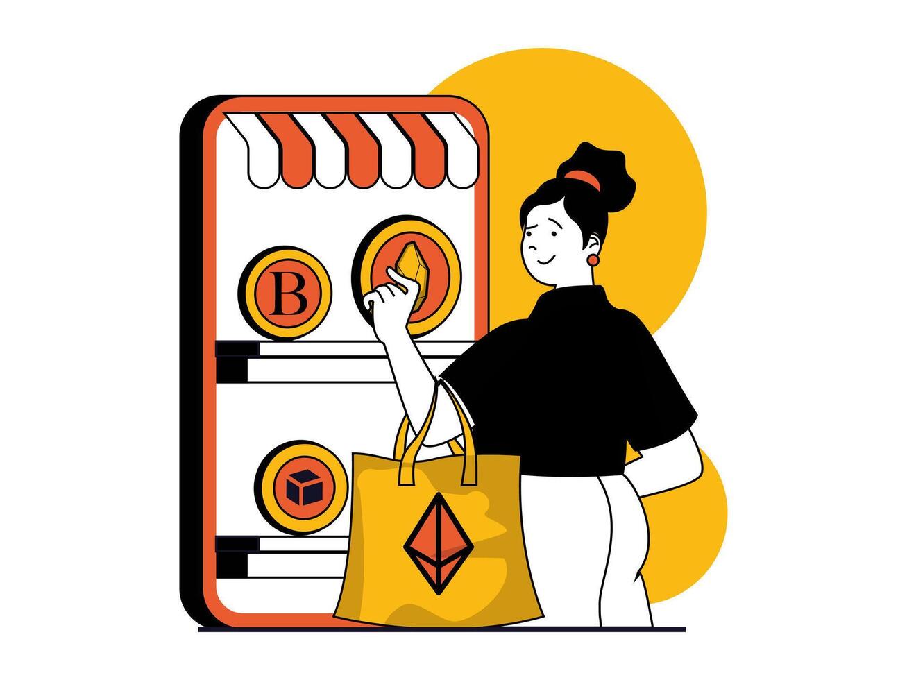 Cryptocurrency marketplace concept with character situation. Woman buys different crypto coins on virtual exchange and invests money. Vector illustrations with people scene in flat design for web