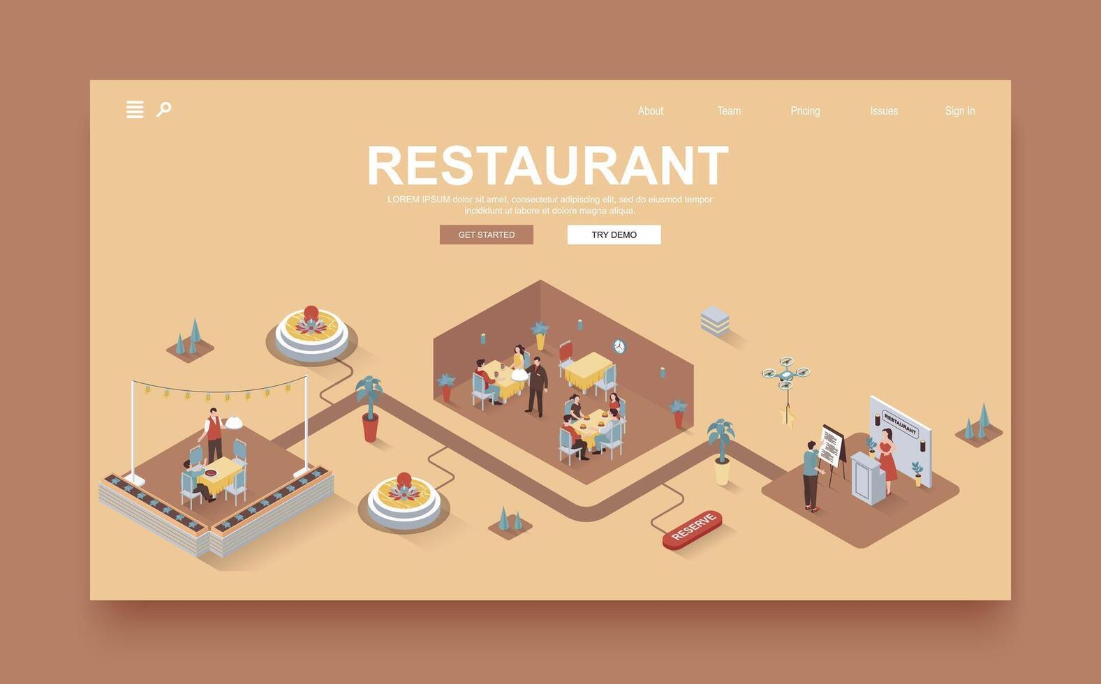 Restaurant concept 3d isometric landing page template. People visit restaurant, book tables, staff works at reception, waiter brings orders. Vector illustration in isometry graphic design.