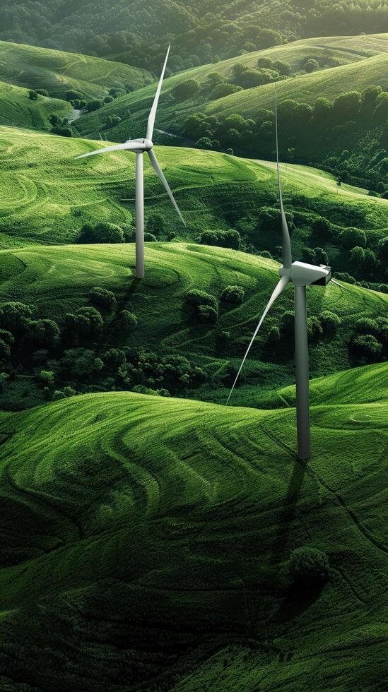 AI generated Close-up of wind turbines in a lush field photo