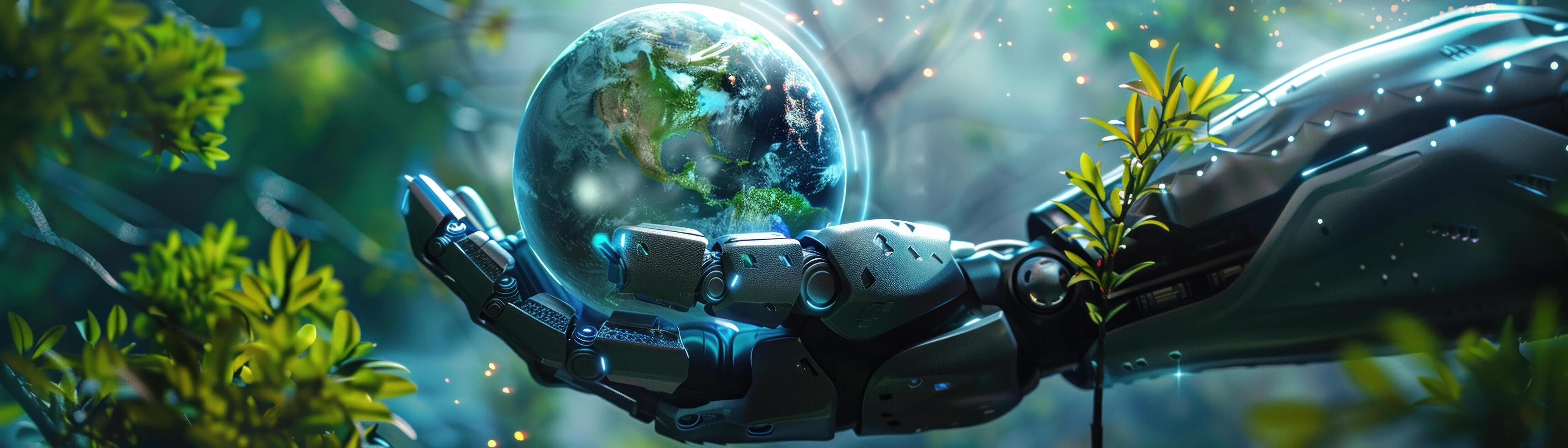 AI generated A Future tech robot hand hold a beautiful earth with green plants and nature background. photo