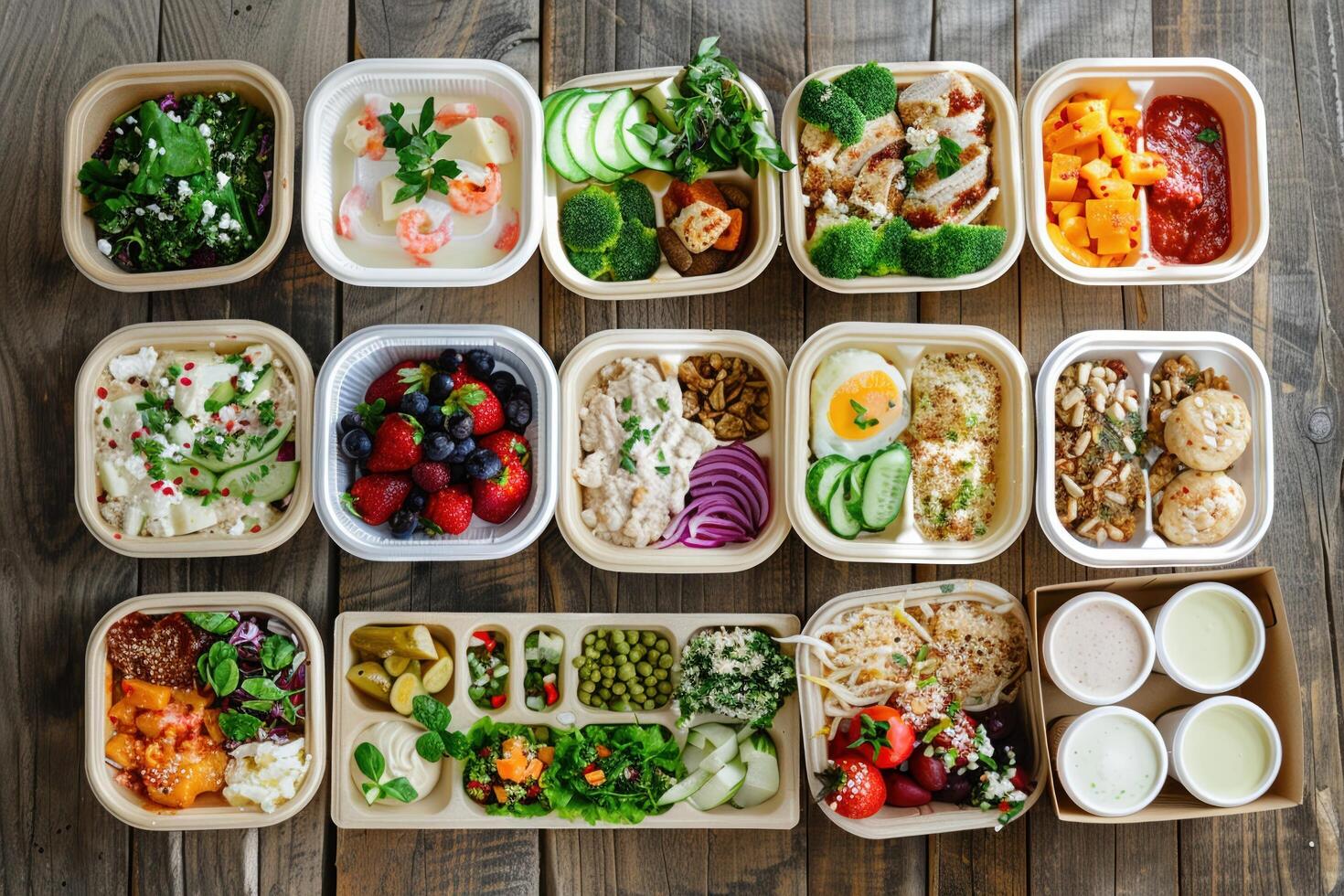 AI generated A Variety of healthy meals packed in takeout boxes arranged on a wooden table photo
