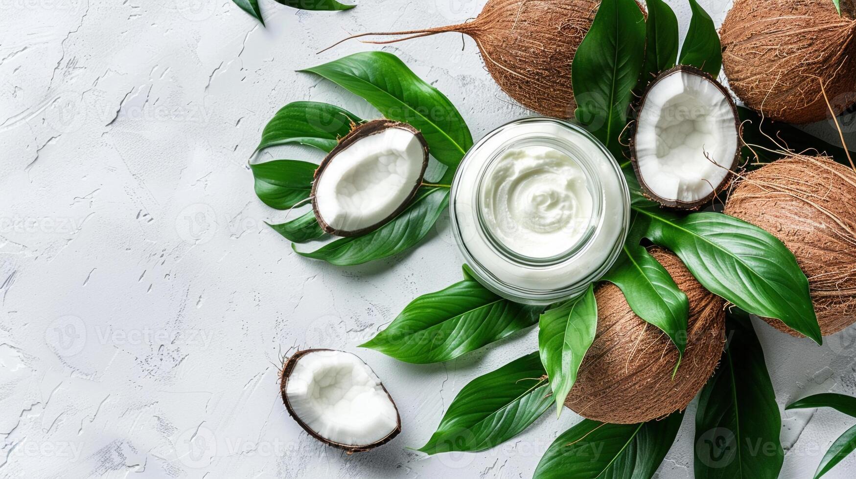 AI generated A jar of coconut cream alongside fresh green leaves and halved coconuts photo