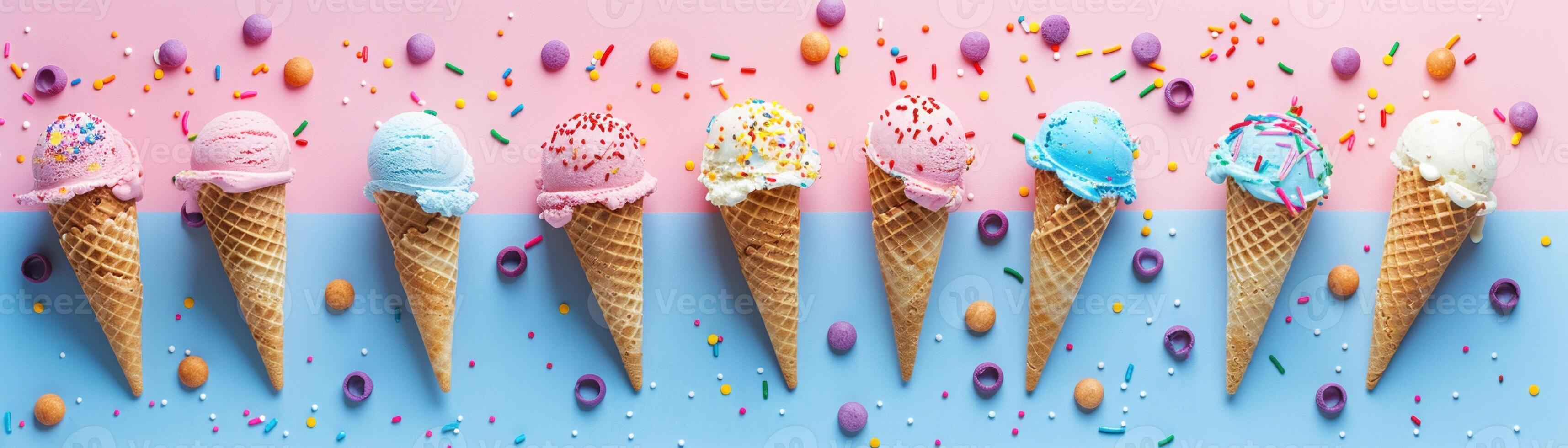 AI generated An Assorted colorful ice cream cones lined up on a split pastel pink and blue background with sprinkles scattered around. photo