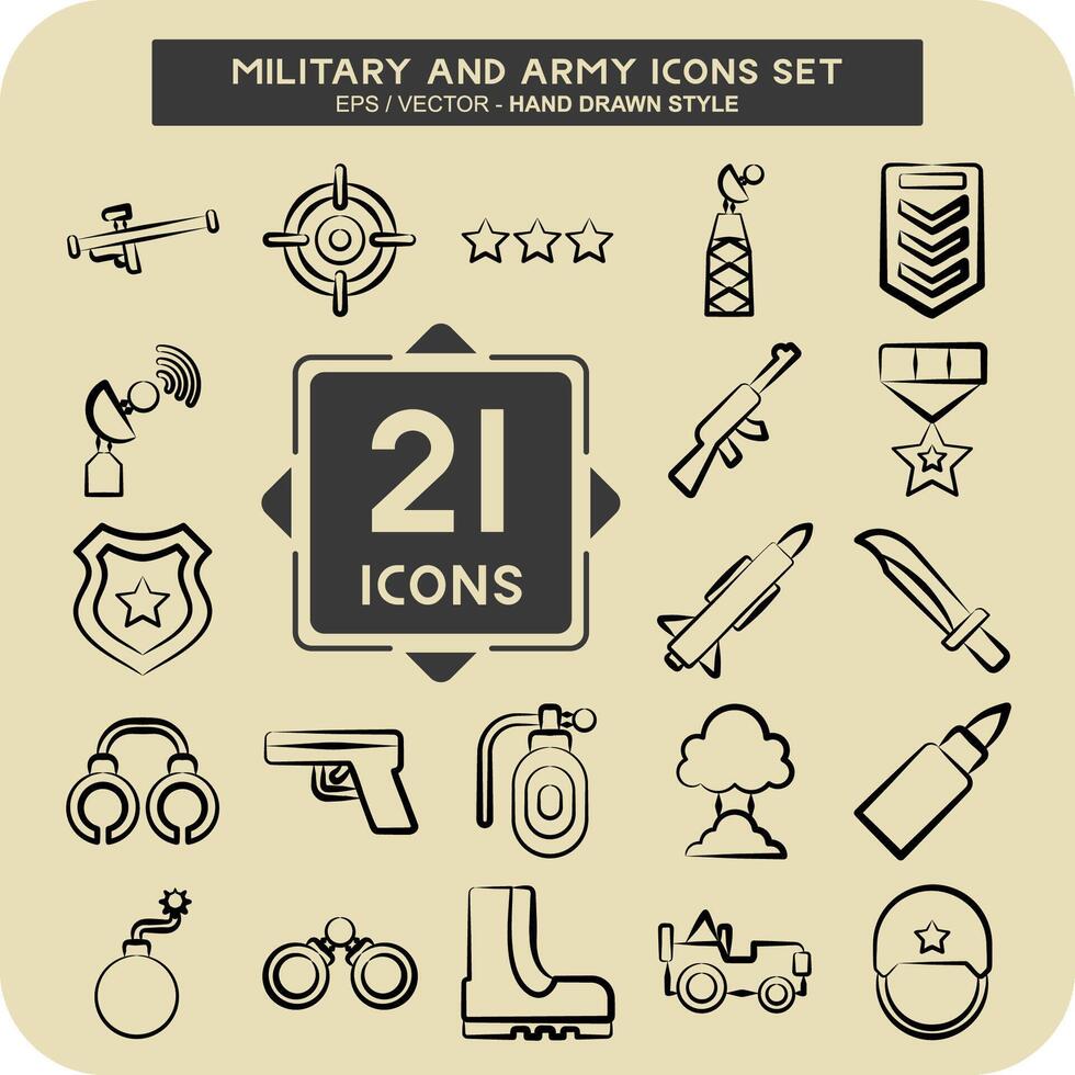 icono conjunto militar y ejército. relacionado a guerra símbolo. mano dibujado estilo. sencillo diseño ilustración vector