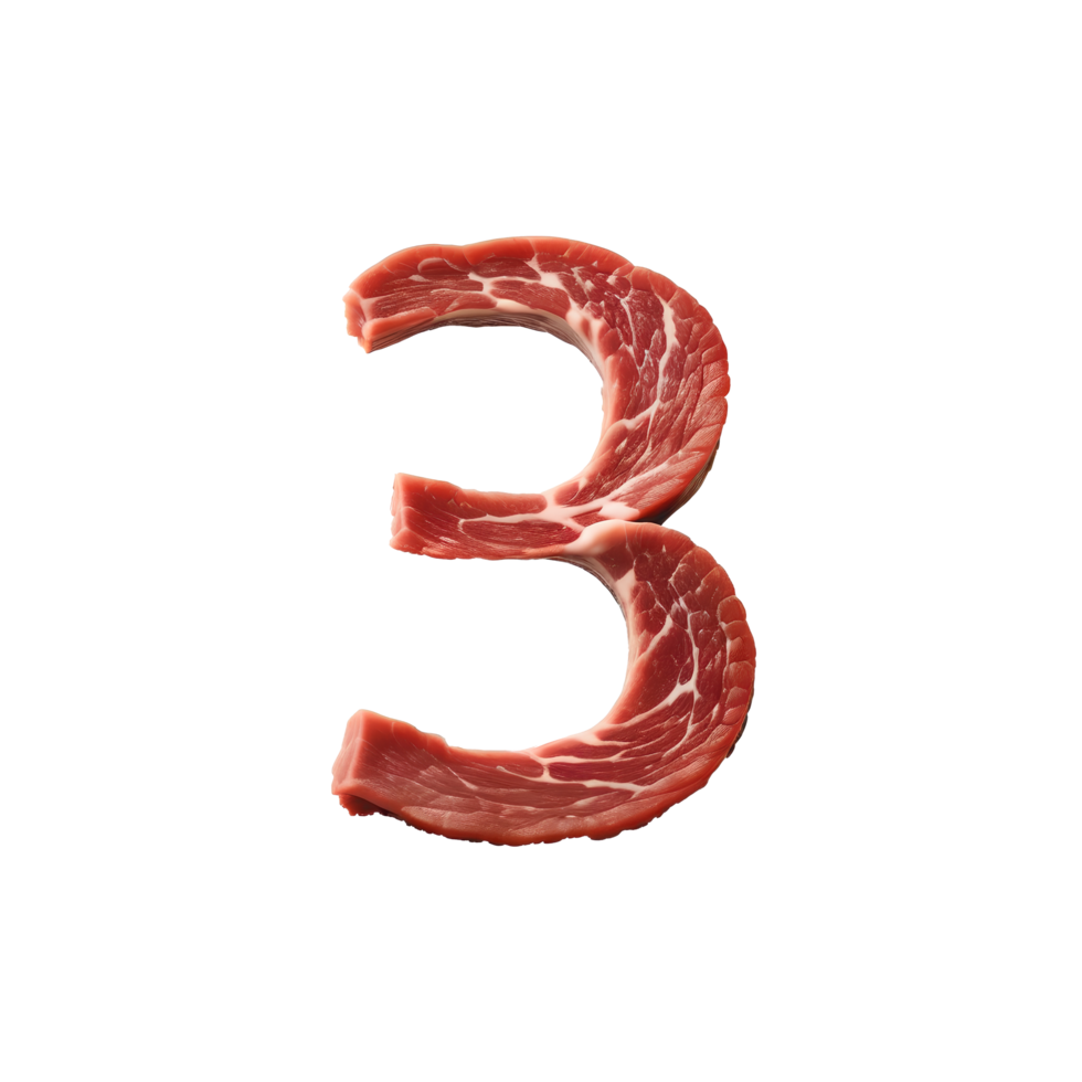 AI generated Number 3 made from raw meat png