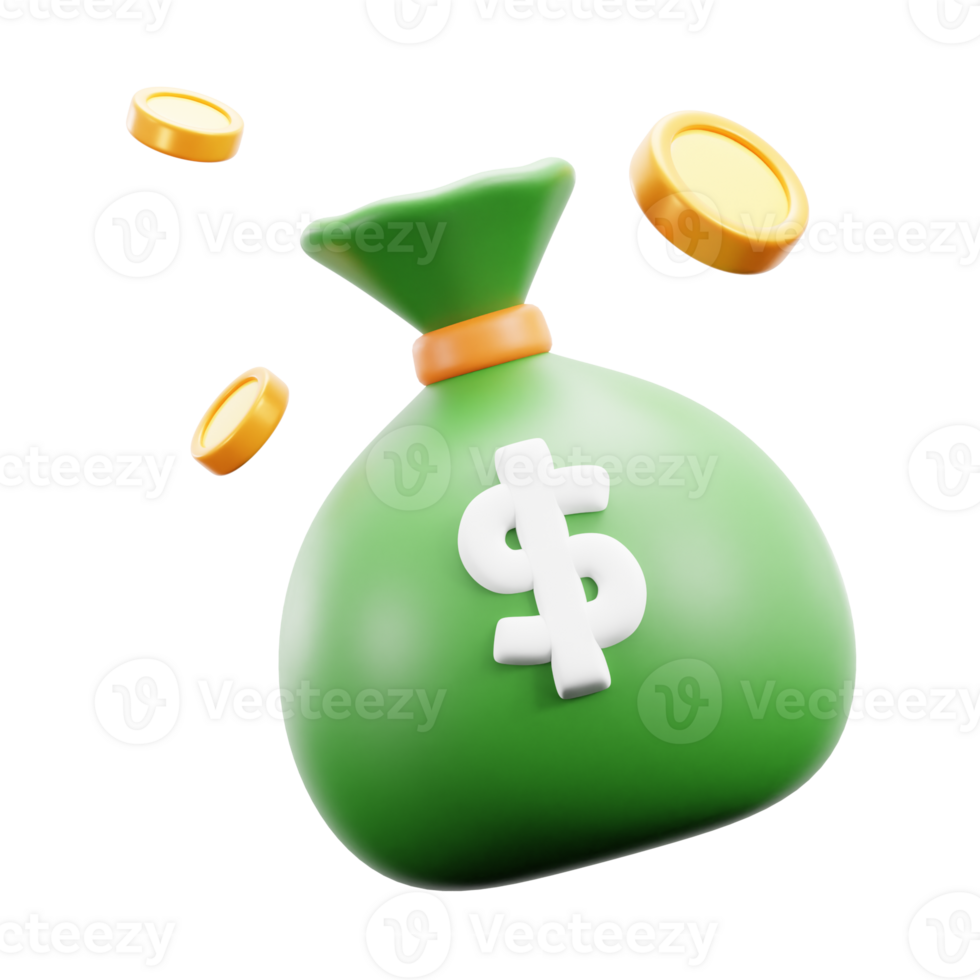 3d money bag with dollar sign and coins on transparent background png