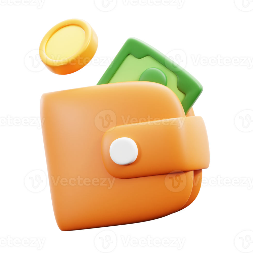 3d an orange wallet with money and coins on it png
