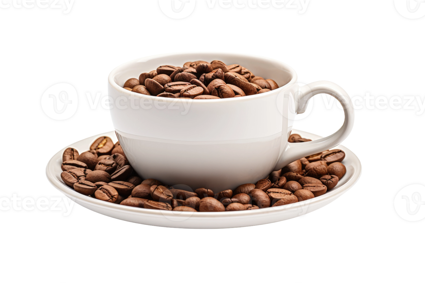 AI generated White Cup and Saucer Filled With Coffee Beans. png