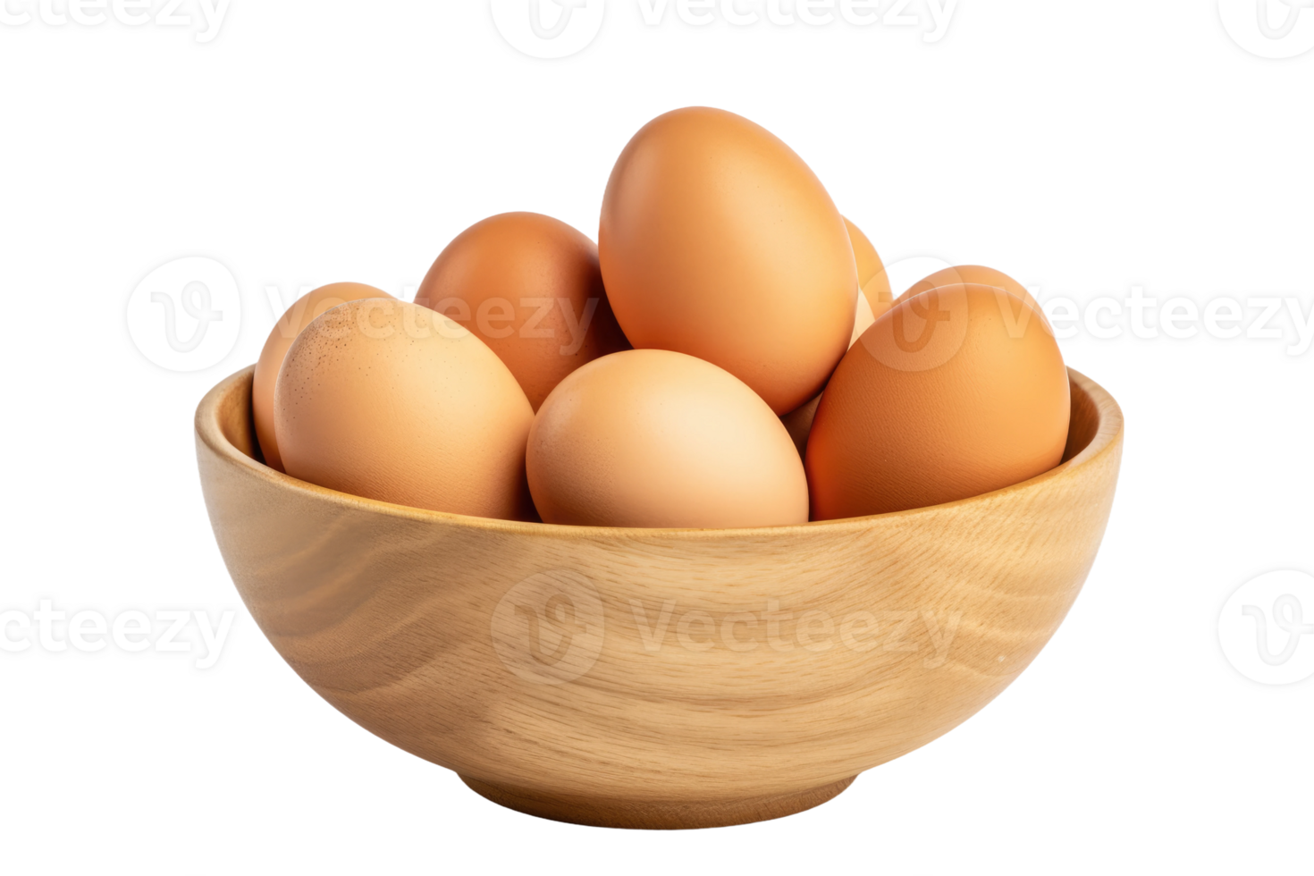 AI generated Wooden Bowl Filled With Brown Eggs. A close-up view of a wooden bowl filled with fresh brown eggs. The eggs are neatly arranged in the bowl, showcasing their natural colors and textures. png