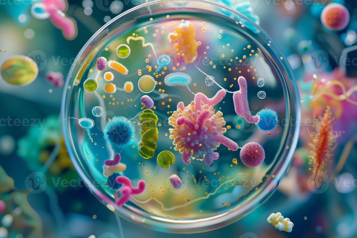 ai generado un vistoso representación de microbiano organismos próspero dentro un petri plato foto