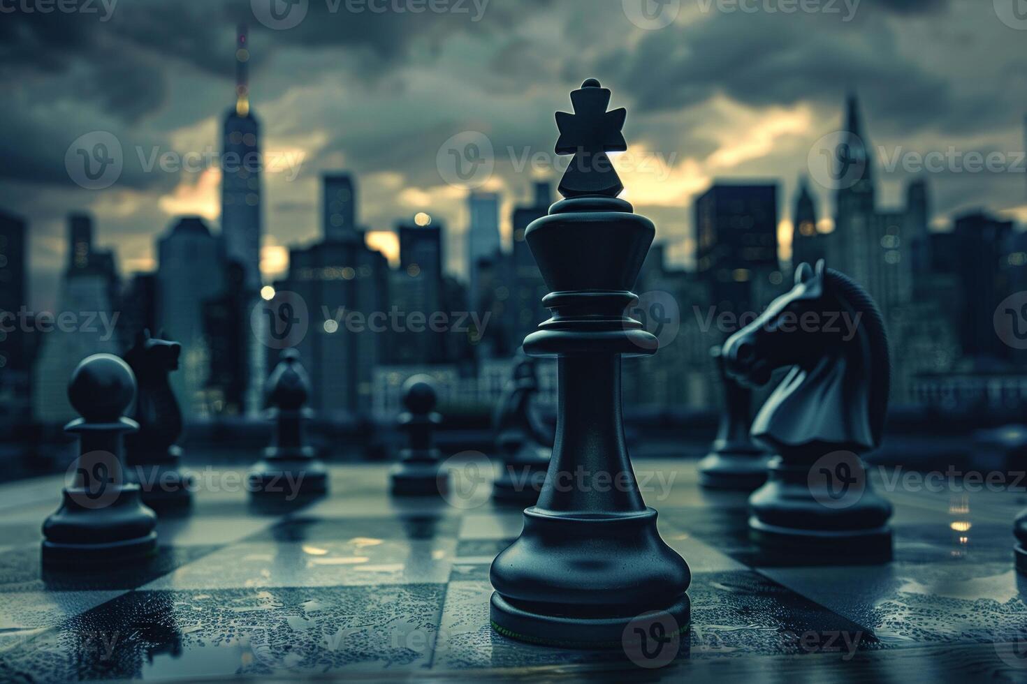 AI generated A Chess pieces on a board with a focused king piece photo