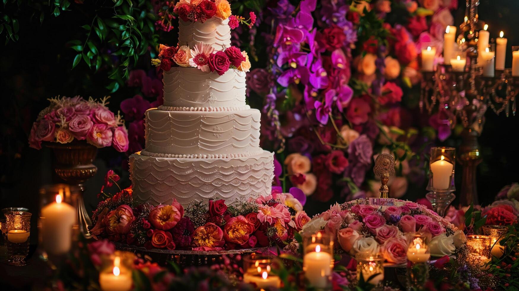 ai generado un de varios niveles elegante Boda pastel rodeado por un vibrante formación de flores y velas foto