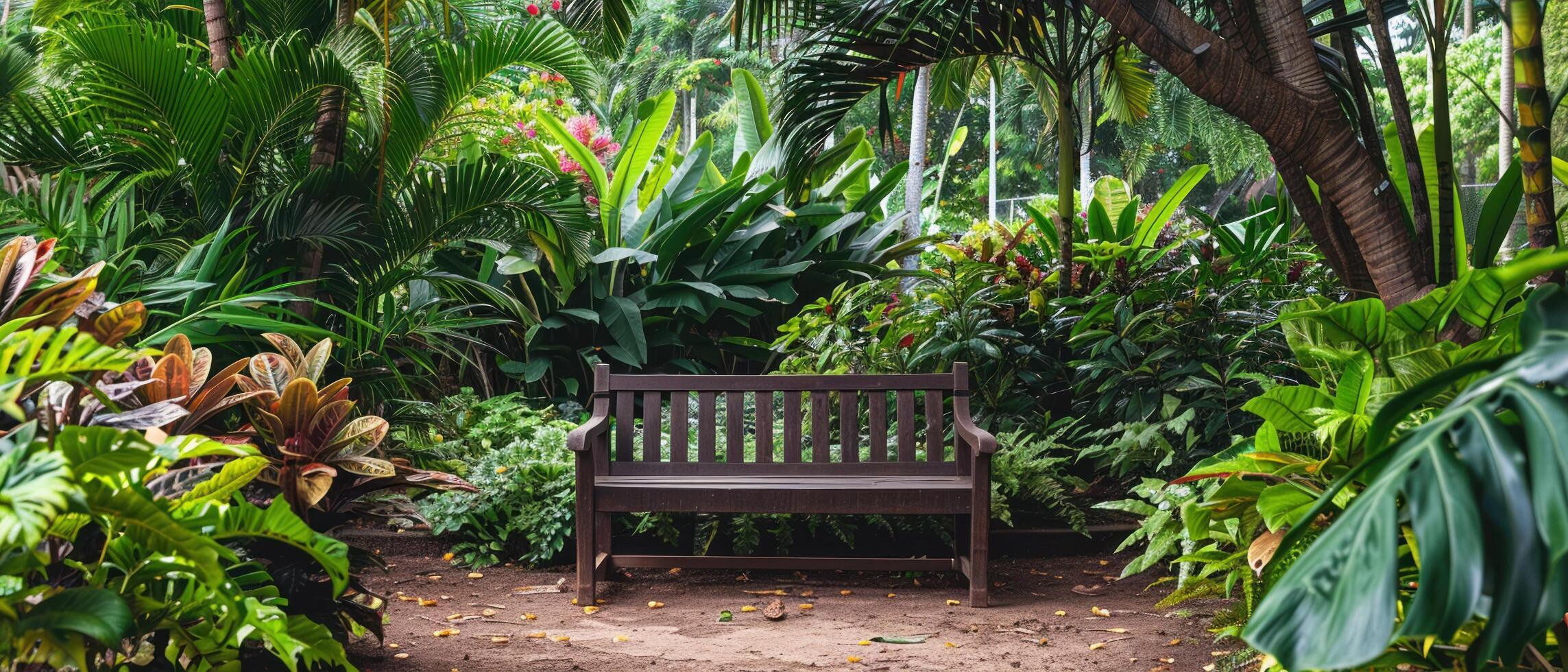 AI generated A secluded wooden bench offers a peaceful retreat in the midst of a lush tropical garden photo