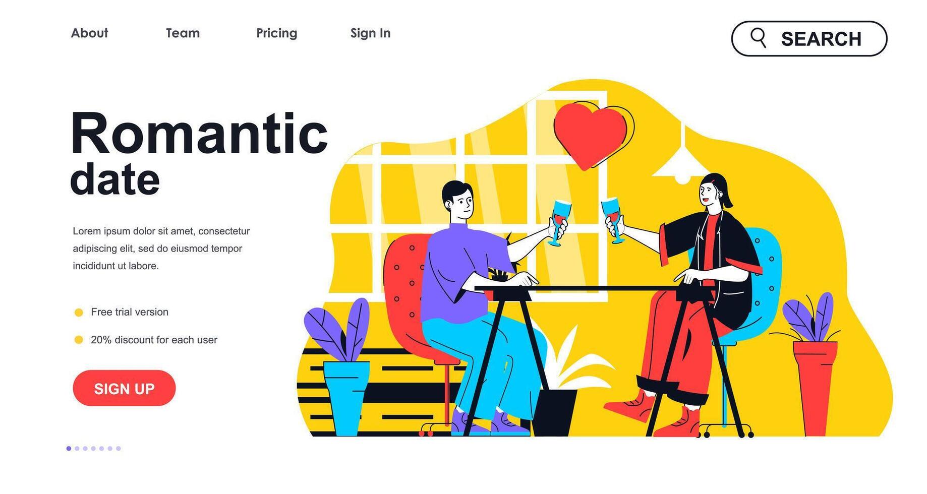 Romantic date concept for landing page template. Loving man and woman drink and dating in restaurant. Couple relationship people scene. Vector illustration with flat character design for web banner