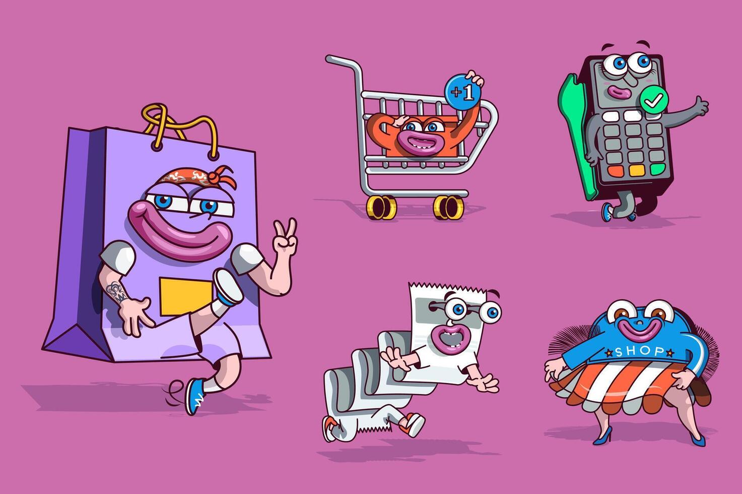 Shopping concept with 3d cute cartoon characters set. Funny avatars of bag, supermarket cart, check for paying, cashless payment terminal and shop. Vector illustration with comic mascots design