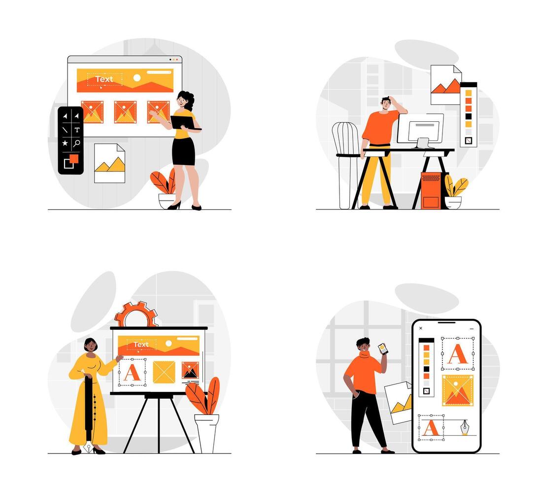 web desarrollo concepto con personaje colocar. colección de escenas personas prototipos y codificación web página diseños o móvil aplicación interfaz, lugares gráfico contenido. vector ilustraciones en plano web diseño