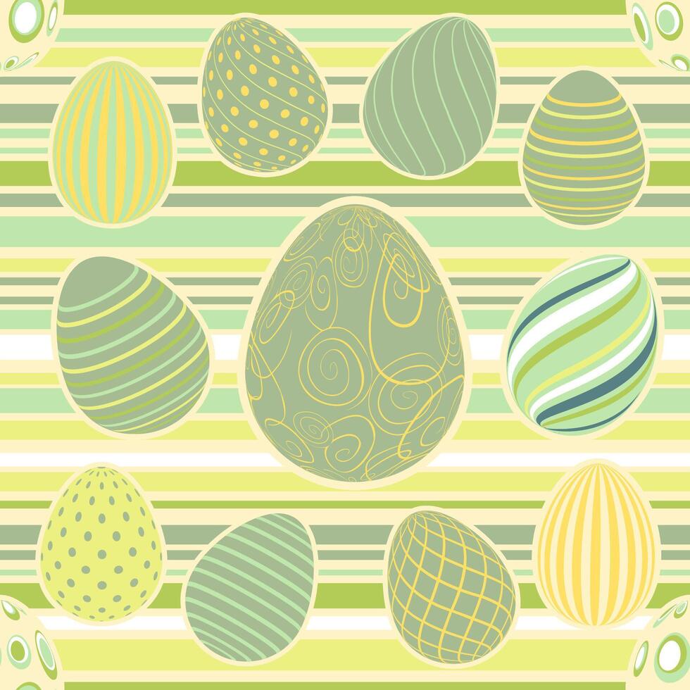 Easter Eggs with seamless ornament pattern.  Vector line pattern with Easter eggs on the green background. Concept of Happy Easter.