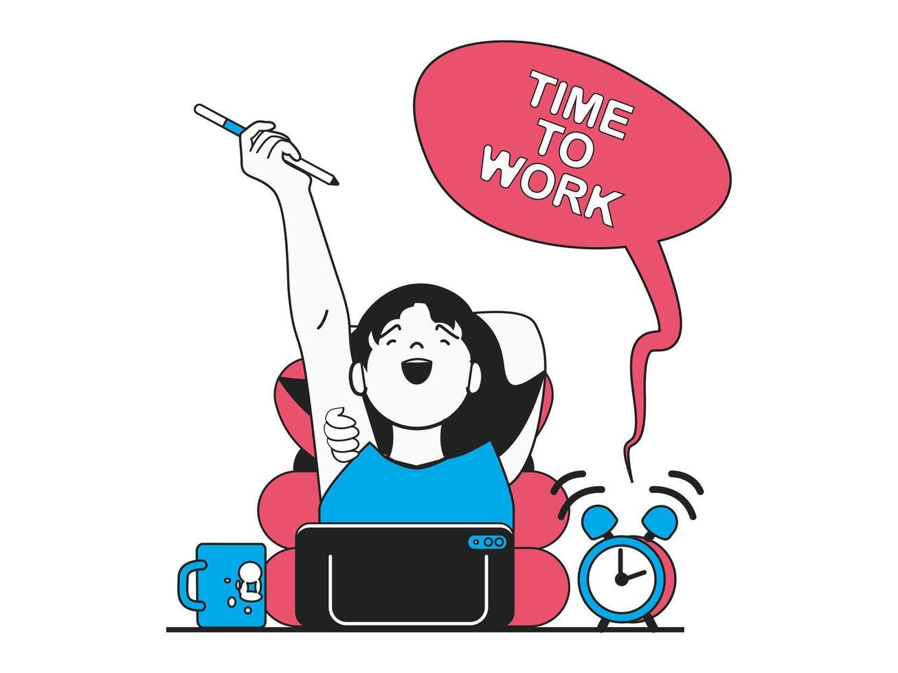 Freelance concept with character situation. Happy woman designer freelancer with pencil getting ready to start work on laptop by clock. Vector illustration with people scene in flat design for web