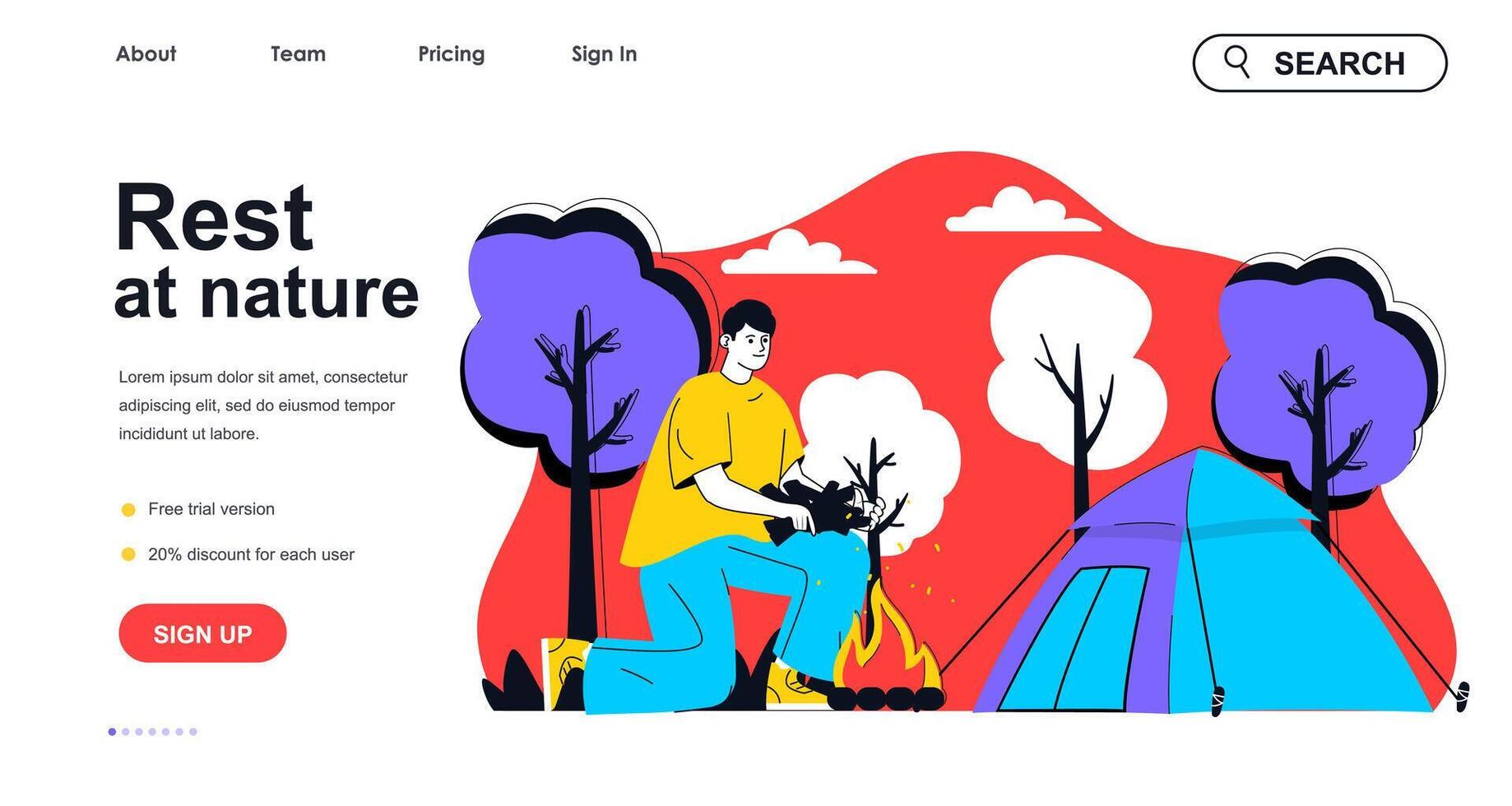 Rest at nature concept for landing page template. Man fires up campfire and resting with tent in forest. Hiking and camping people scene. Vector illustration with flat character design for web banner