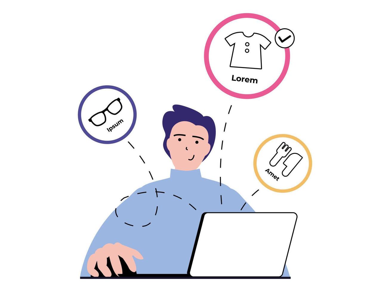 Shopping concept with character situation. Man chooses goods and makes purchases in online store, orders delivery and pays from laptop. Vector illustration with people scene in flat design for web