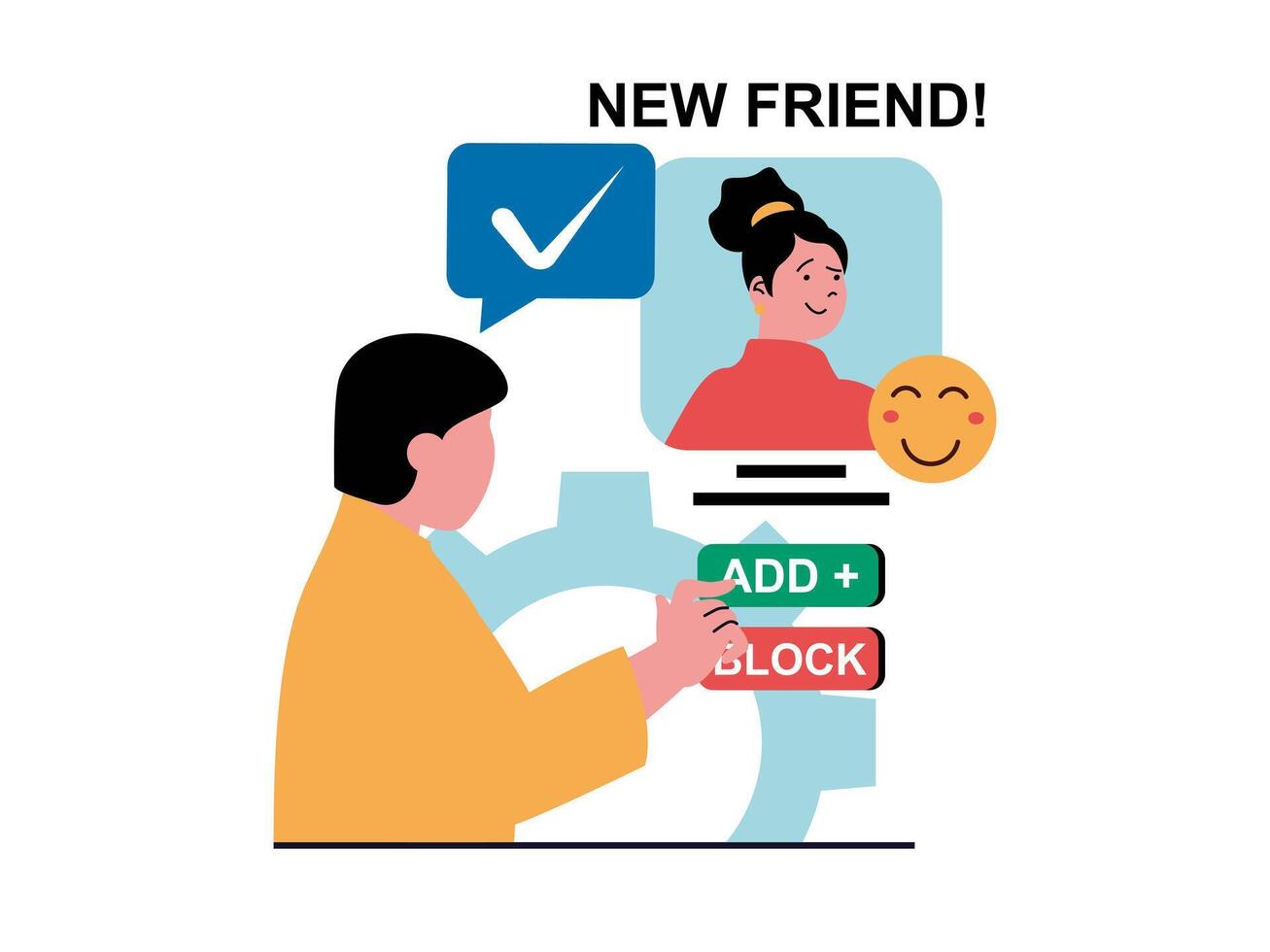 Social network concept with character situation. Man received friend request from woman and chooses to add or block, uses online profile. Vector illustration with people scene in flat design for web