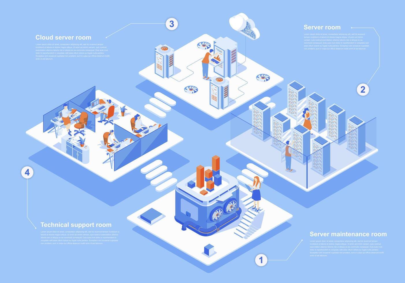Data center concept 3d isometric web scene with infographic. People work in server maintenance and cloud processing hardware, technical support rooms. Vector illustration in isometry graphic design