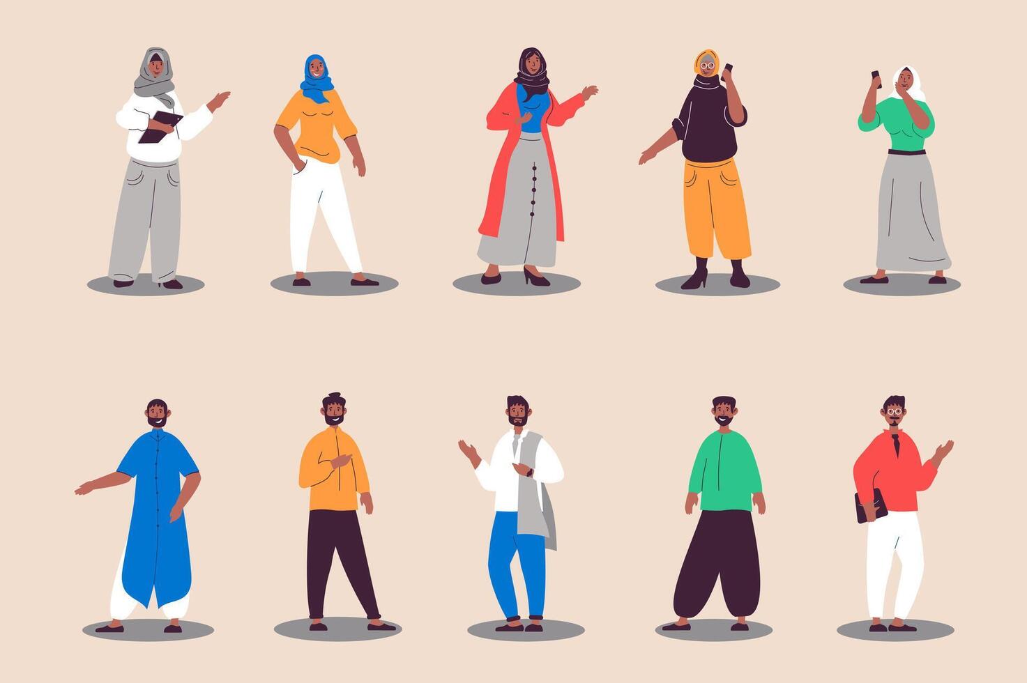 árabe personas conjunto en plano diseño. contento mujer y hombres en moderno trajes y tradicional étnico ropa y musulmán hiyab haz de diverso caracteres. vector ilustración aislado personas para web