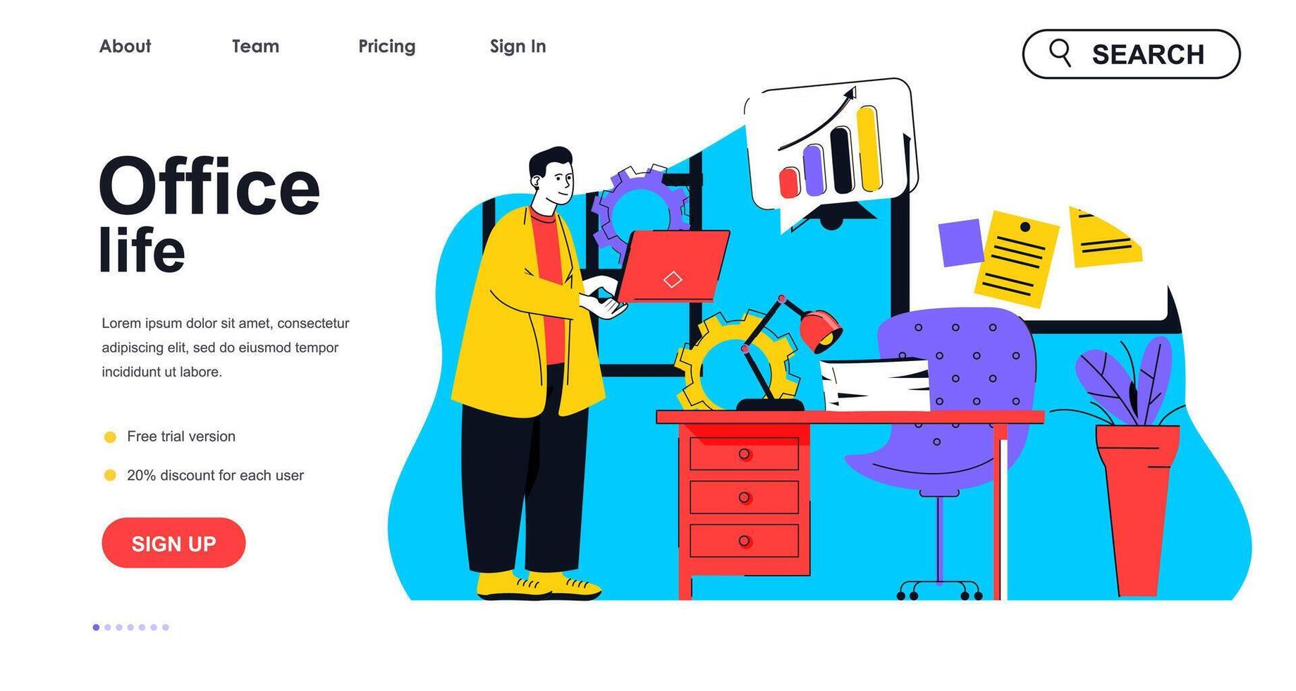 Office life concept for landing page template. Manager working and doing work tasks in workplace. Workflow and management people scene. Vector illustration with flat character design for web banner