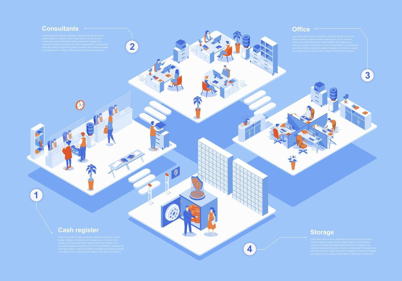 Bank concept 3d isometric web scene with infographic. People working at office, clients stand to cash register, consultants in room, safe storage. Vector illustration in isometry graphic design