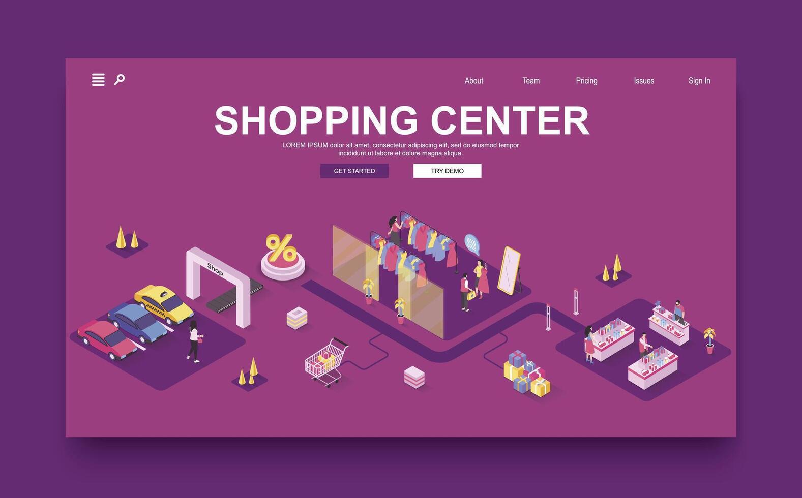 compras centrar concepto 3d isométrica aterrizaje página modelo. personas escoger ropa en boutique, comprar bienes en estantería de Tienda en estacional ventas. vector ilustración en isometria gráfico diseño.